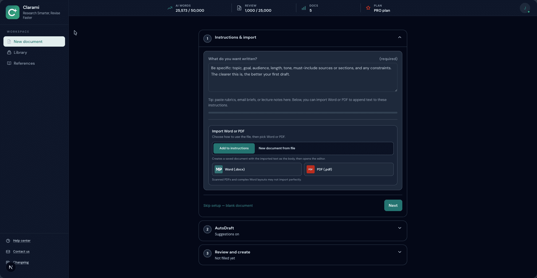 New document and import options