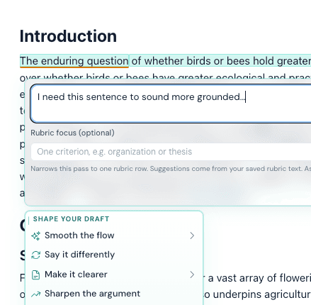 Clarami editor with highlighted text, custom refine prompt, optional rubric focus, and Shape your draft actions