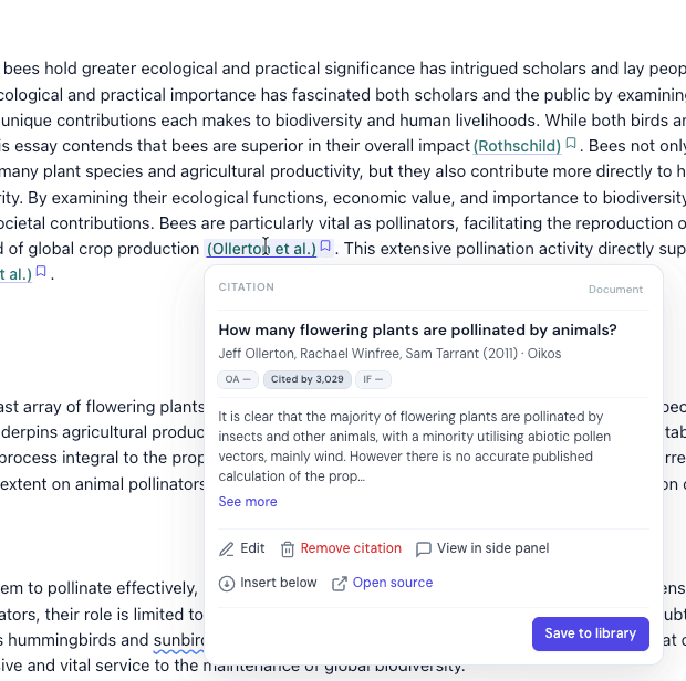 In-document citation popover in Clarami showing source title, authors, snippet, and actions including Save to library