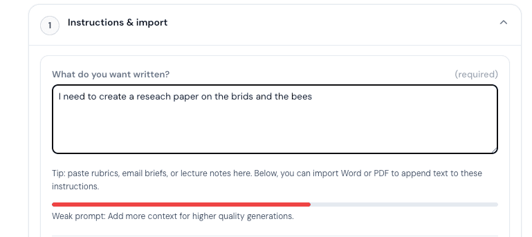 Clarami Instructions and import step with topic prompt, tips for rubrics and imports, and prompt strength feedback