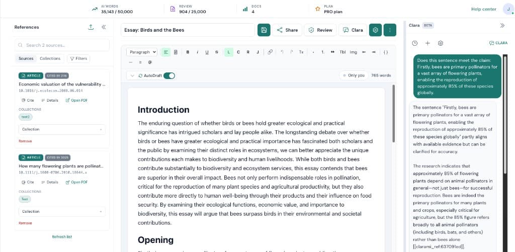 Clarami workspace with editor and assistant panels