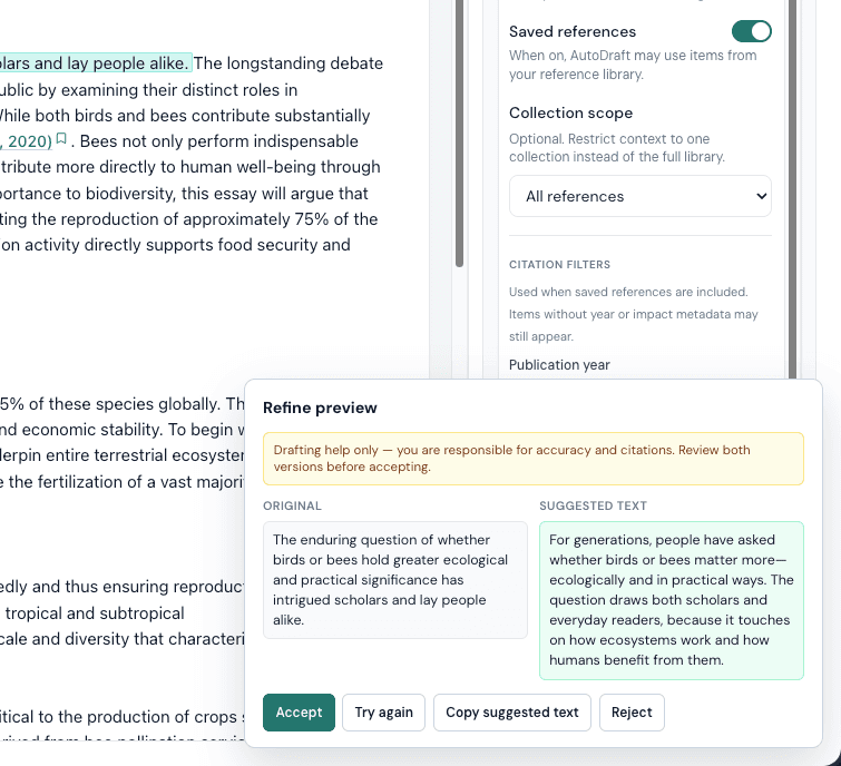 Clarami Refine preview comparing original text with a clearer suggested rewrite, with Accept and Reject actions