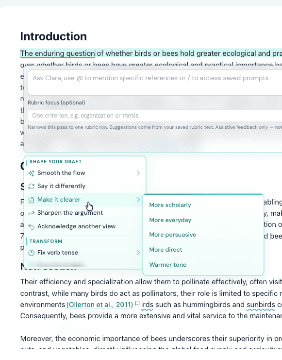 Clarami editor with selected text and Shape your draft menu open to Make it clearer, Say it differently, and tone options