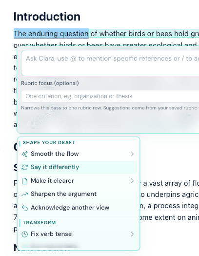 Clarami in-editor writing tools panel for paraphrasing and drafting support