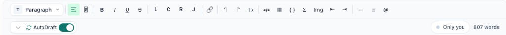Clarami toolbar: top row with paragraph style, alignment, bold/italic/underline/strikethrough, inserts for link, code block, table, equations, and image, list controls, @ mention, and undo/redo; bottom row with AutoDraft toggle, collaboration presence, and live word count
