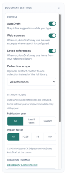 Clarami Document settings panel: AutoDraft, bibliography / citation style, collaboration options