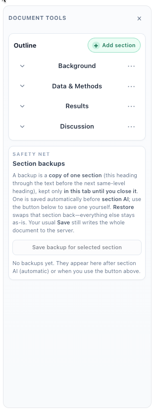 Clarami Document tools panel: proofreading, citation assist, and other advisory checks