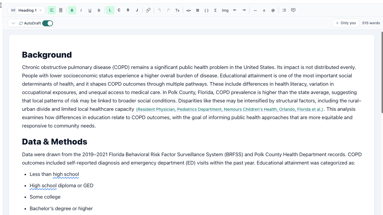 Clarami document editor: title bar above the formatting toolbar and editor