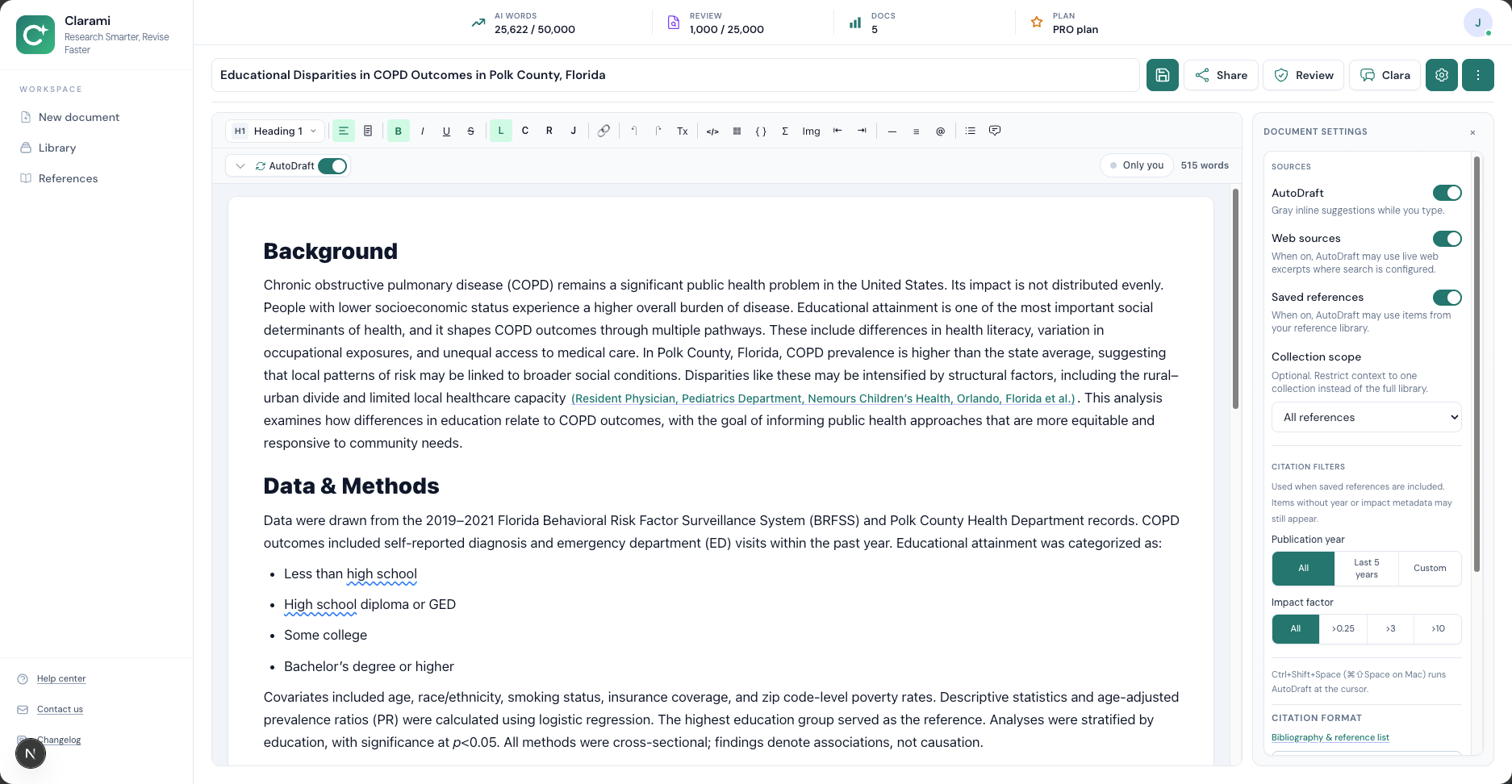 Clarami workspace: Library rail, editor with AutoDraft, document title bar with gear for Document settings and ⋮ for export and more