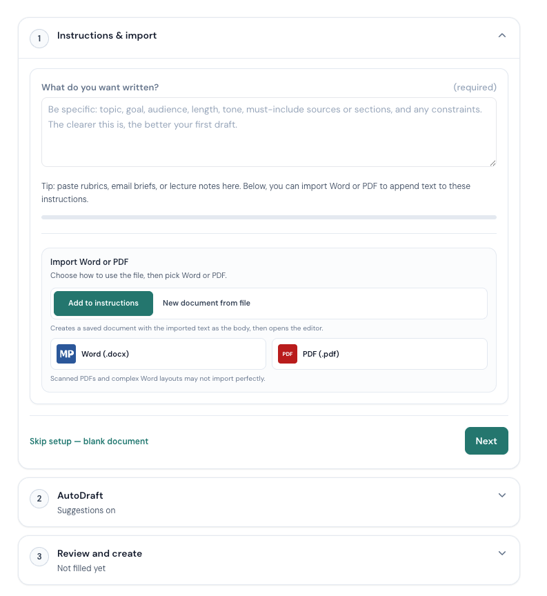 Clarami New document: title, import, structured fields, and generation options