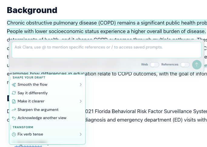 Clarami Refine menu: instruction field, quick actions, and preview controls