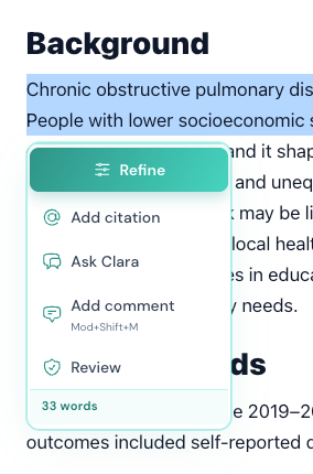 Clarami Refine menu: instruction field, quick actions, and preview controls