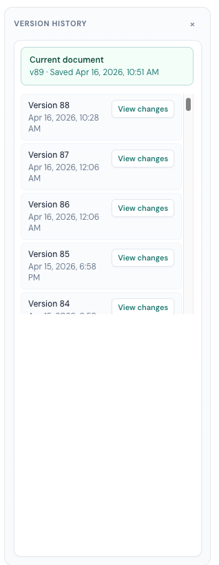 Clarami Version history panel: saved versions, compare, and restore controls